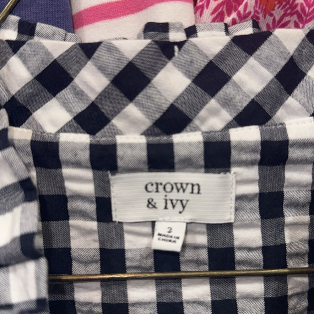 Crown & Ivy Navy Gingham Sleeveless Ruffle Collar Dress Size 2 - Picture 6 of 7